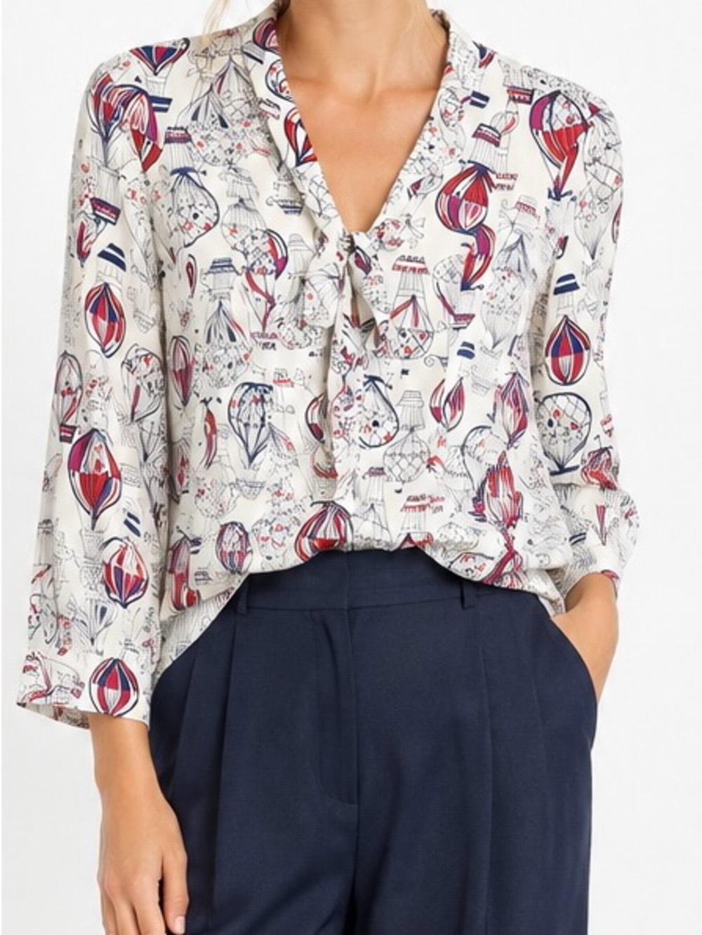 Anthropologie Hot Air Balloon Tie Neck Blouse Retro Vintage-Inspired Top 6